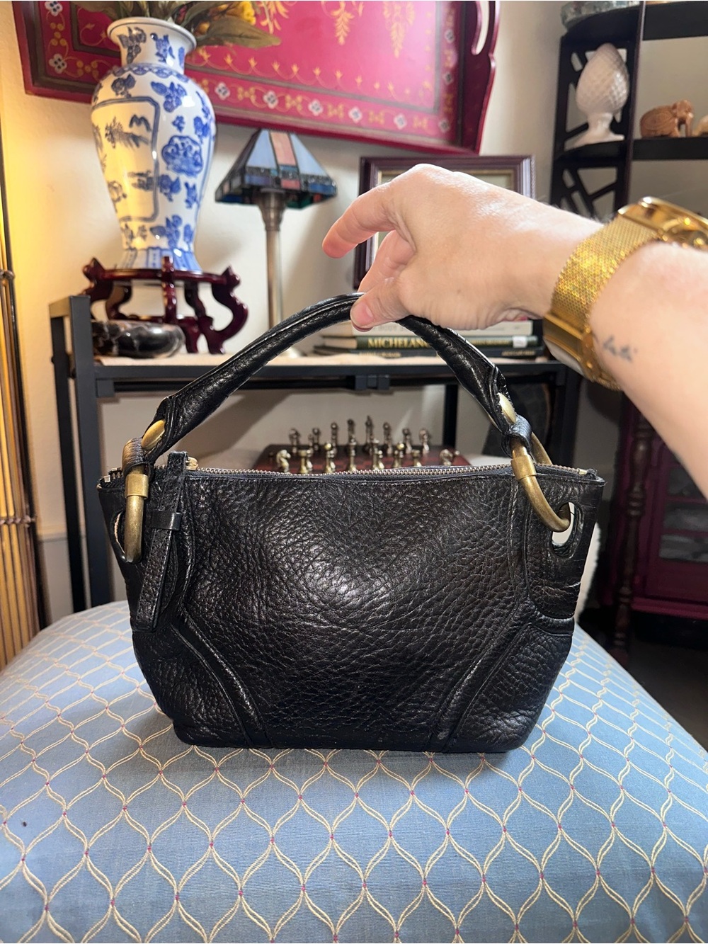 Vintage Kenneth Cole Black Textured Leather Shoulder Bag with Gold Hardware